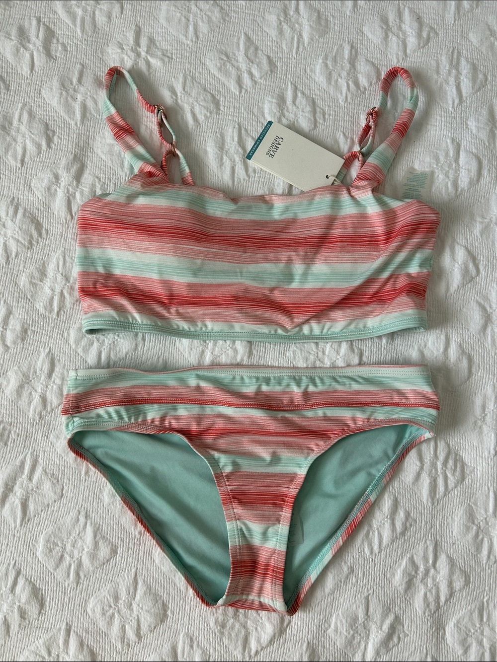 Carve Designs Coral & Mint Striped Bikini Set Top Sz. M, Bikini Sz. S.